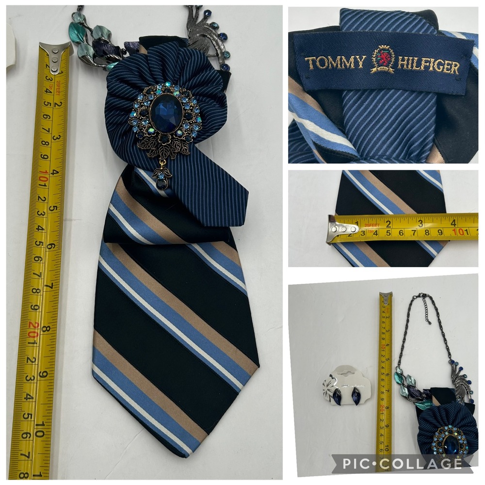 Tommy Hilfiger Repurposed Tie Necklace Set Blue Crystal Brooch Enamel Earrings - Picture 4 of 13